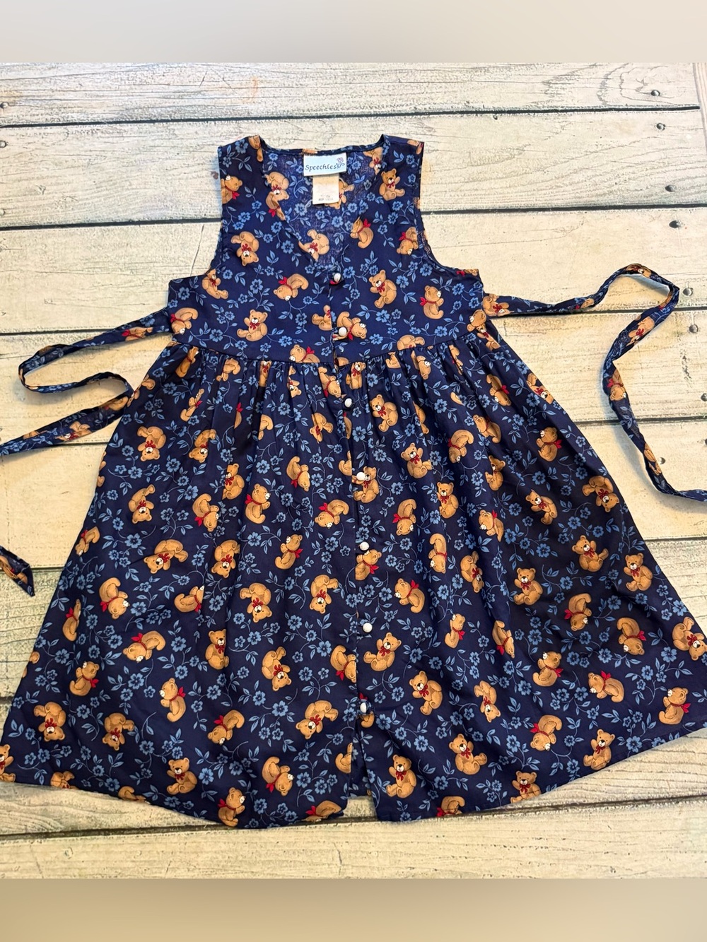 Vintage 90’s speechless blue v neck Teddybear pattern button tie back dress. 6-8
